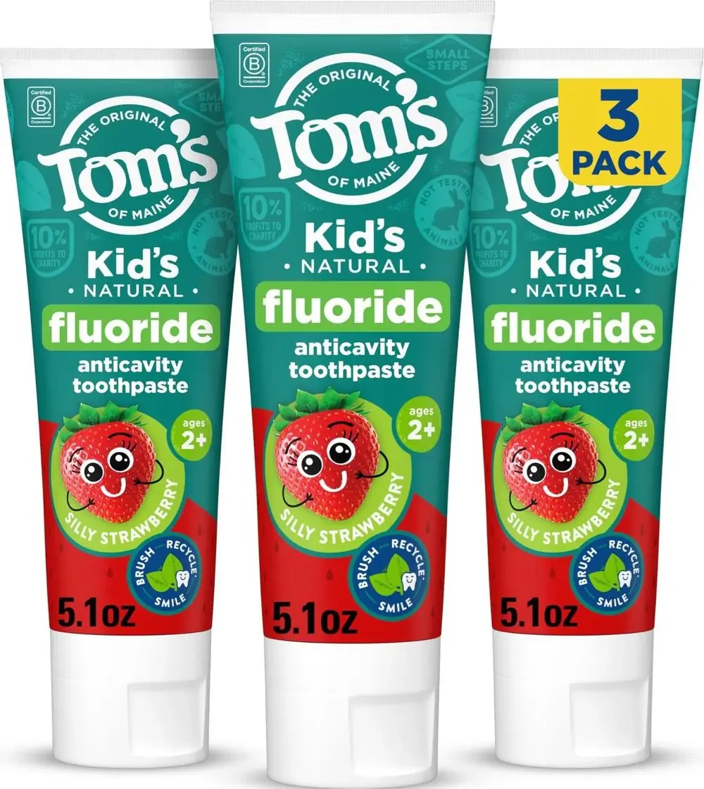 New Tom's Of Maine Natural Kids Fluoride Toothpaste, Silly Strawberry, 3 Pack
